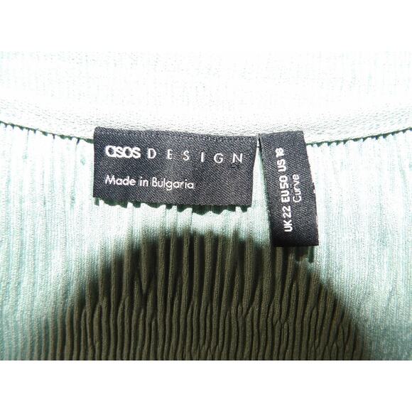 Asos Curve Design Sz 18 Top Blouse Shirt Crinkle Mint Green Deep V Puff Sleeve - Picture 6 of 13